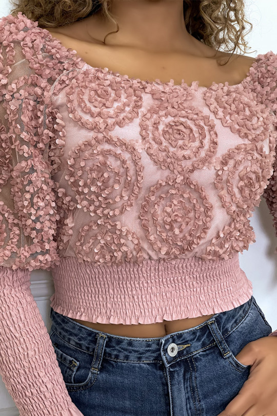 Long-sleeved pink frilly crop top - 2