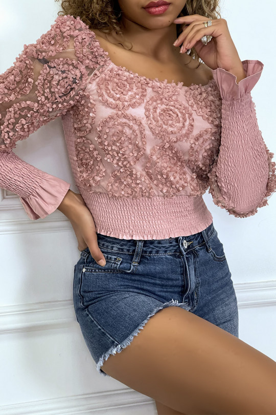 Long-sleeved pink frilly crop top - 3