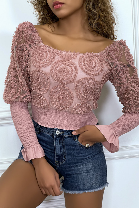 Long-sleeved pink frilly crop top - 4