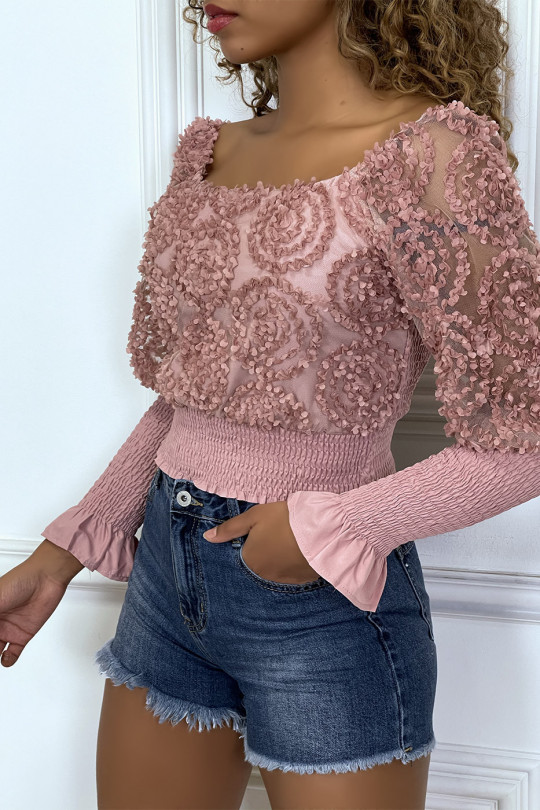 Long-sleeved pink frilly crop top - 5