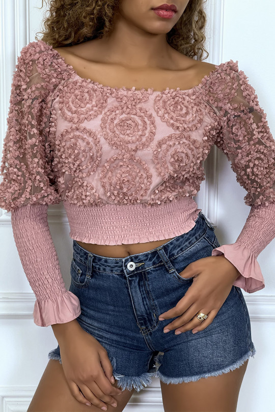 Long-sleeved pink frilly crop top - 7
