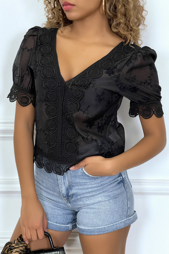 Zwarte opengewerkte blouse met V-hals - 4