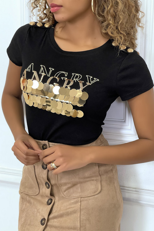 Tee-shirt noir avec écriture et sequins dorée - 2