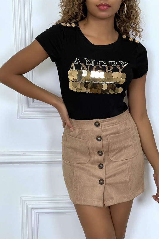 Tee-shirt noir avec écriture et sequins dorée - 3