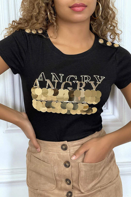 Tee-shirt noir avec écriture et sequins dorée - 4