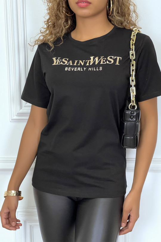 T-shirt noir manches courtes avec écriture dorée "YeSaintWest" - 1