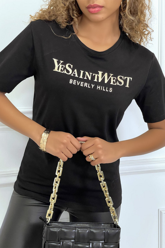 T-shirt noir manches courtes avec écriture dorée "YeSaintWest" - 3