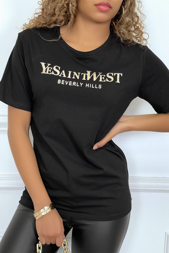 T-shirt noir manches courtes avec écriture dorée "YeSaintWest" - 4