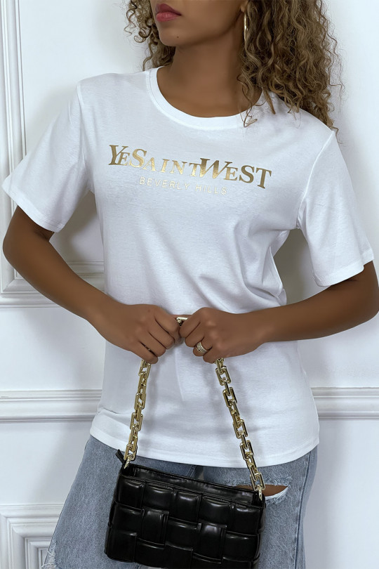 T-shirt blanc manches courtes avec écriture dorée "YeSaintWest" - 1