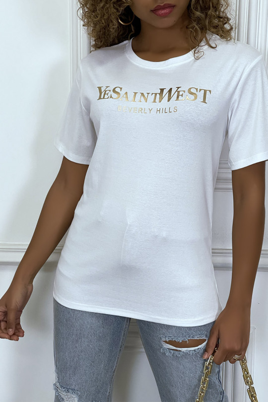 T-shirt blanc manches courtes avec écriture dorée "YeSaintWest" - 2