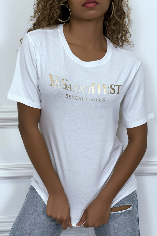 T-shirt blanc manches courtes avec écriture dorée "YeSaintWest" - 5