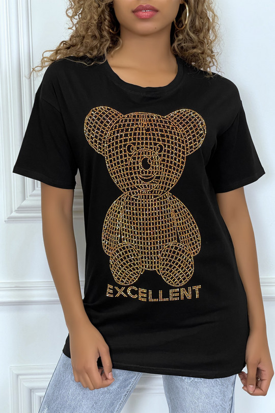 T-shirt noir à manches courtes, avec ourson et écriture en strass - 1