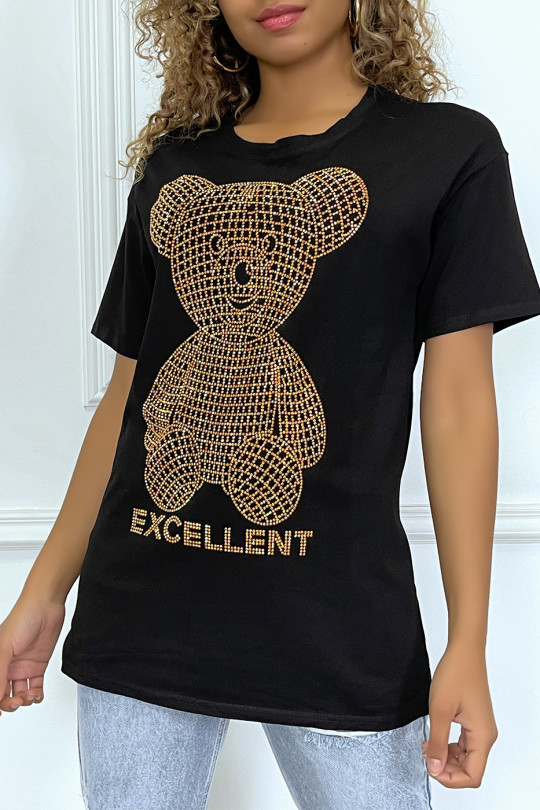 T-shirt noir à manches courtes, avec ourson et écriture en strass - 4