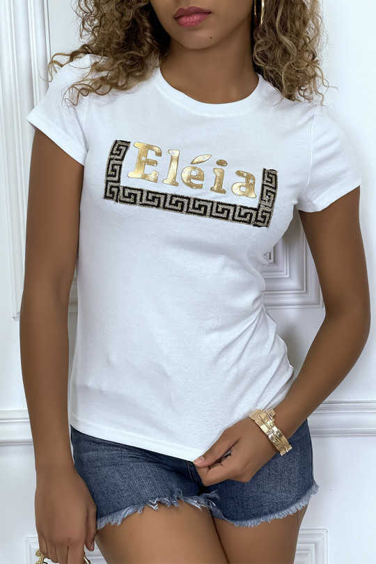 T-shirt blanc manches courtes, avec écriture dorée "Eléia" et imprimés - 1