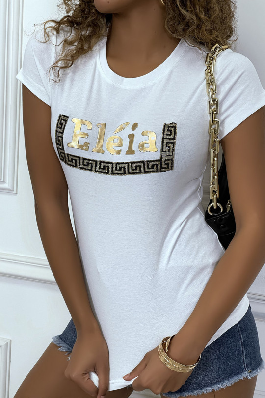 White short-sleeved T-shirt, with golden "Eléia" writing and prints - 2