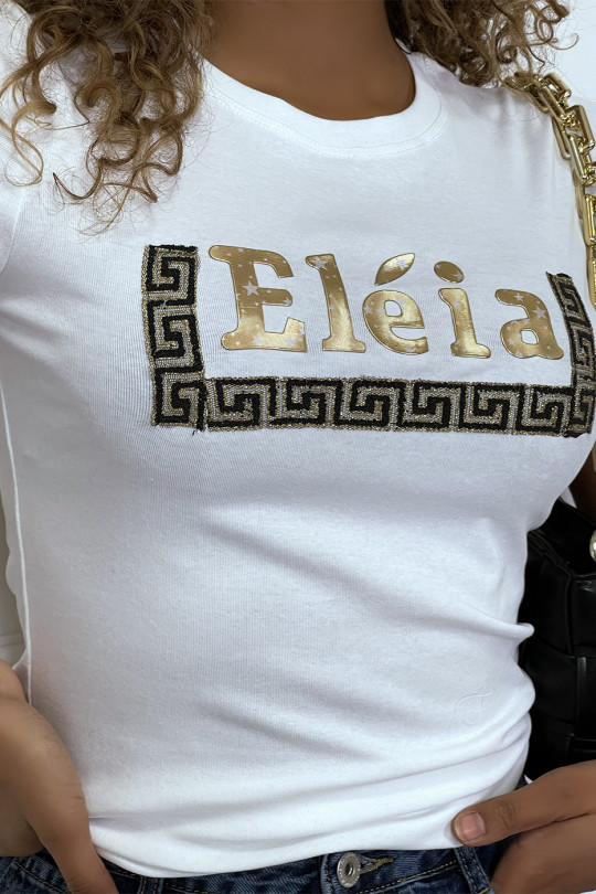 T-shirt blanc manches courtes, avec écriture dorée "Eléia" et imprimés - 4