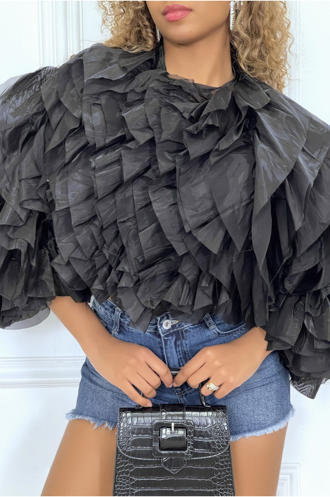 Blouse transparente noire à manches longues, avec volants en tulle - 2
