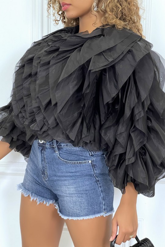 Black sheer long-sleeved blouse with tulle ruffles - 3