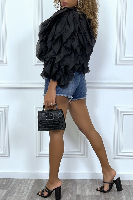 Black sheer long-sleeved blouse with tulle ruffles - 5