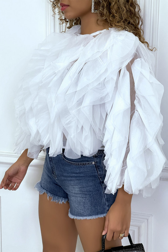 White sheer long-sleeved blouse with tulle ruffles - 2