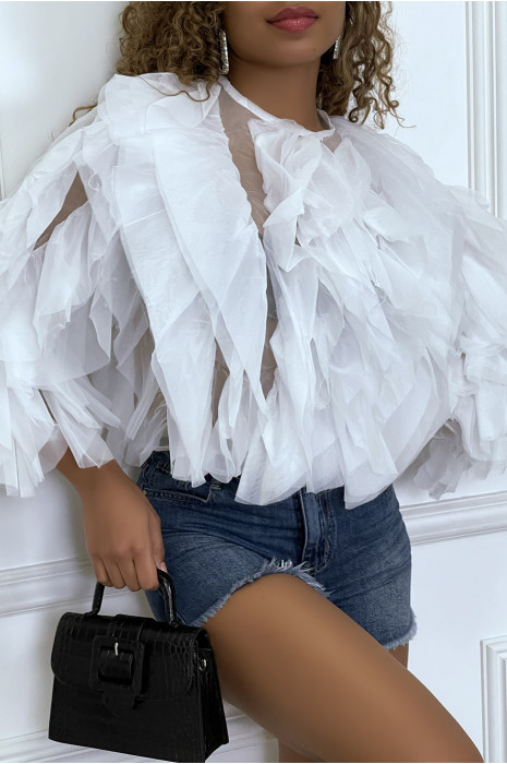 White sheer long-sleeved blouse with tulle ruffles - 3