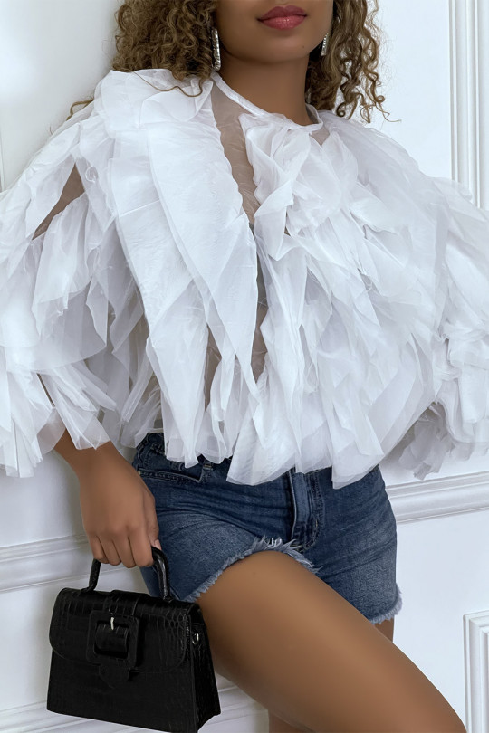 White sheer long-sleeved blouse with tulle ruffles - 3
