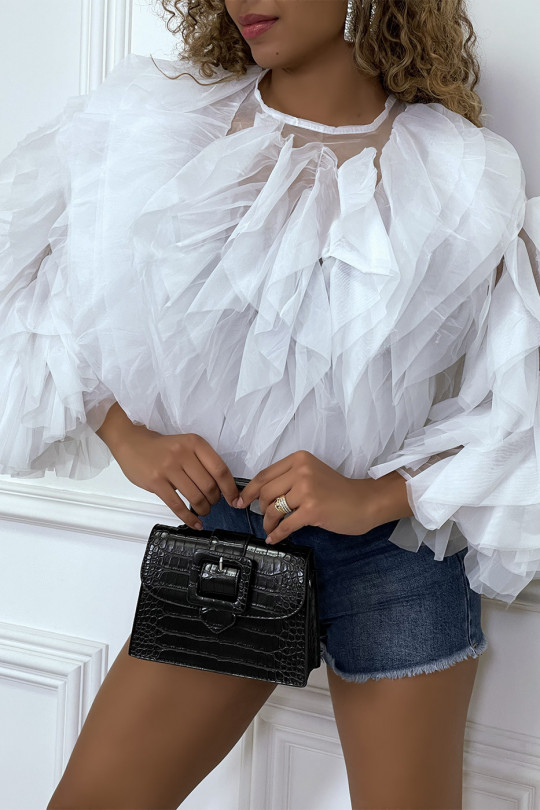 White sheer long-sleeved blouse with tulle ruffles - 4