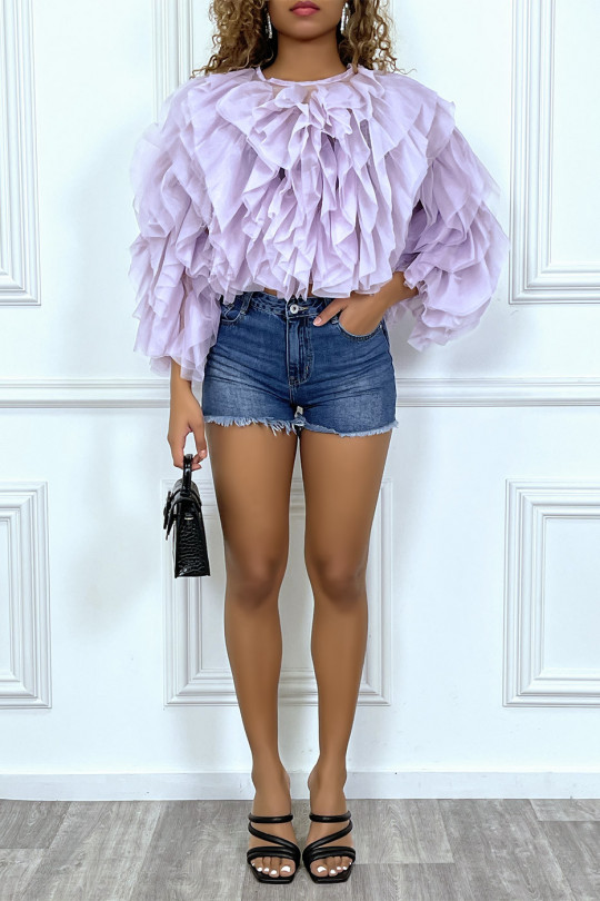 Sheer lilac blSDse with long sleeves, with tulle ruffles - 1