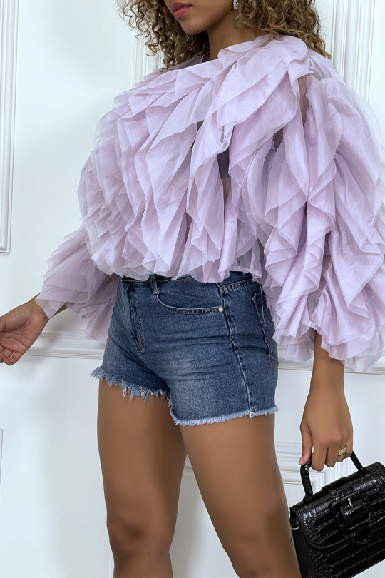 Transparent lila blouse with long sleeves, with tulle ruffles - 3
