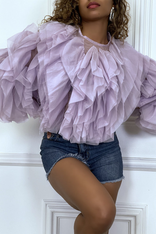 Transparante lila blouse met lange mouwen, met tule ruches - 4
