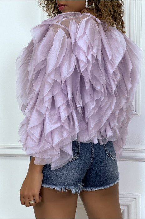 Transparante lila blouse met lange mouwen, met tule ruches - 6
