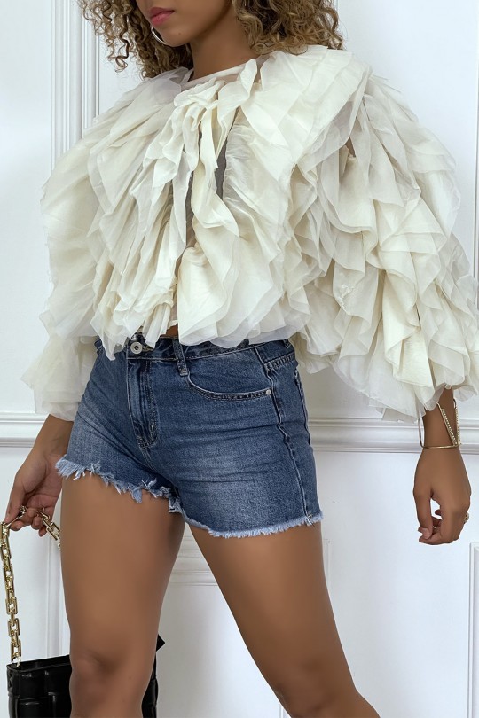Transparent beige long-sleeved blouse with tulle ruffles - 3