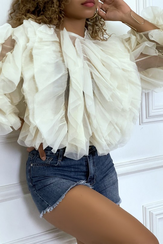 Transparent beige long-sleeved blouse with tulle ruffles - 6