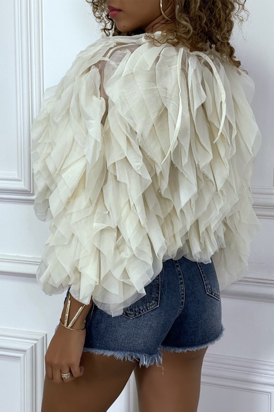 Transparent beige long-sleeved blouse with tulle ruffles - 7