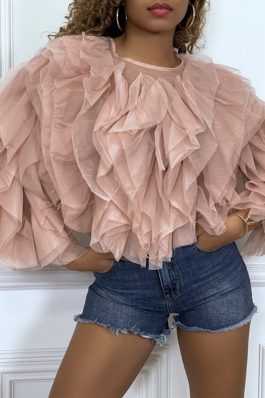 Sheer pink blSDse with long sleeves, with tulle ruffles - 1