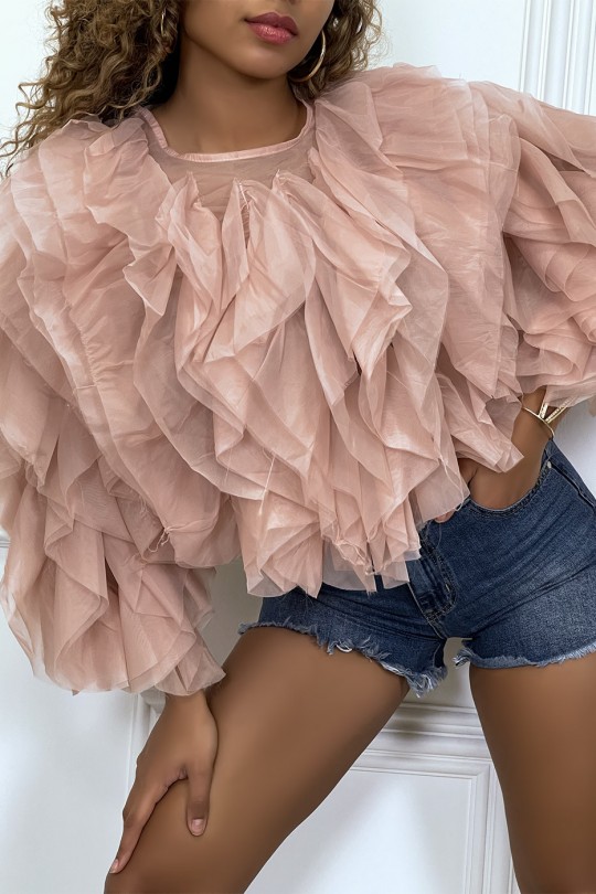 Sheer pink blSDse with long sleeves, with tulle ruffles - 3