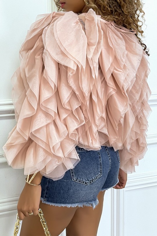 Sheer pink blSDse with long sleeves, with tulle ruffles - 6