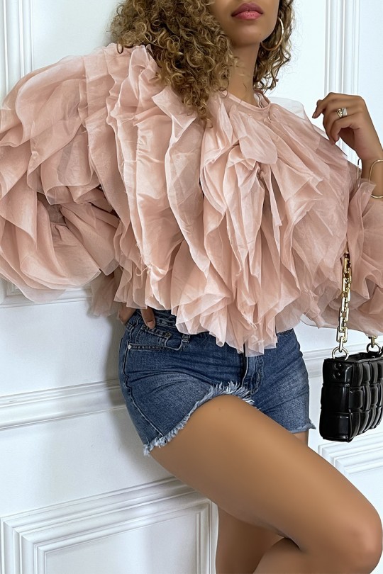 Sheer pink blSDse with long sleeves, with tulle ruffles - 7