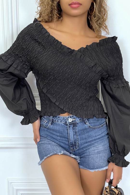 Black pleated BlBZse, with long puff sleeves - 1
