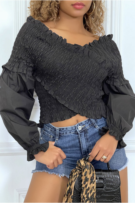 Black pleated blouse, with long puffed sleeves - 3
