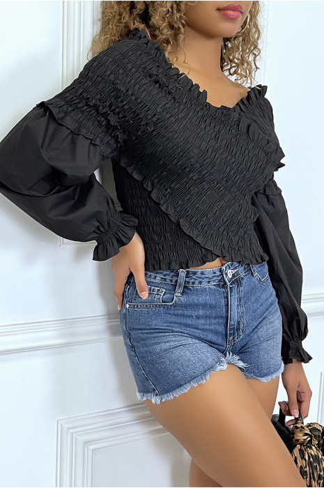 Black pleated blouse, with long puffed sleeves - 6