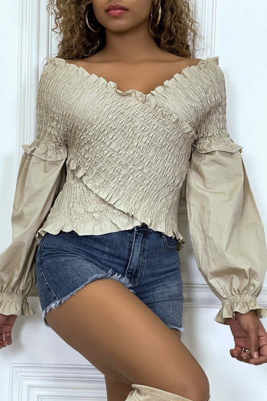 Beige geplooide blouse met lange pofmouwen - 1
