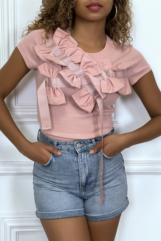 Pink short-sleeved t-shirt, with bows - 1