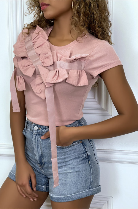 Roze t-shirt met korte mouwen en strikjes - 2