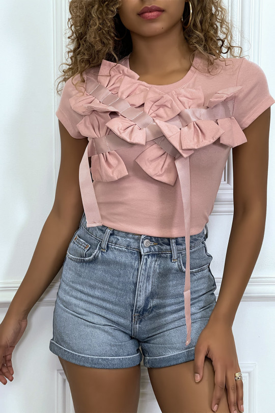 Pink short-sleeved t-shirt, with bows - 3