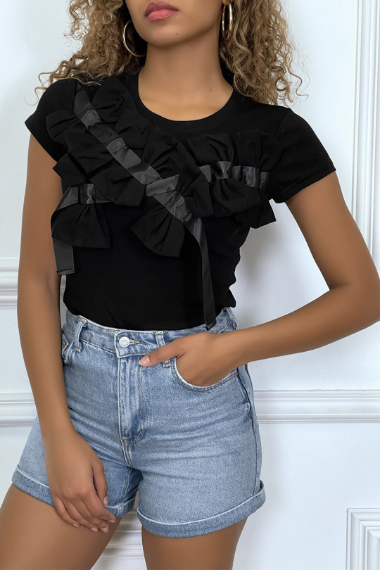 Black short-sleeved T-shirt, with bows - 1