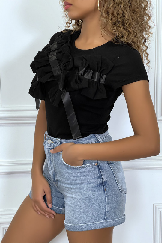 Black short-sleeved T-shirt, with bows - 2