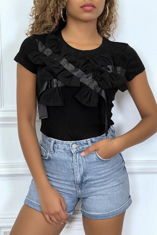 Black short-sleeved T-shirt, with bows - 4