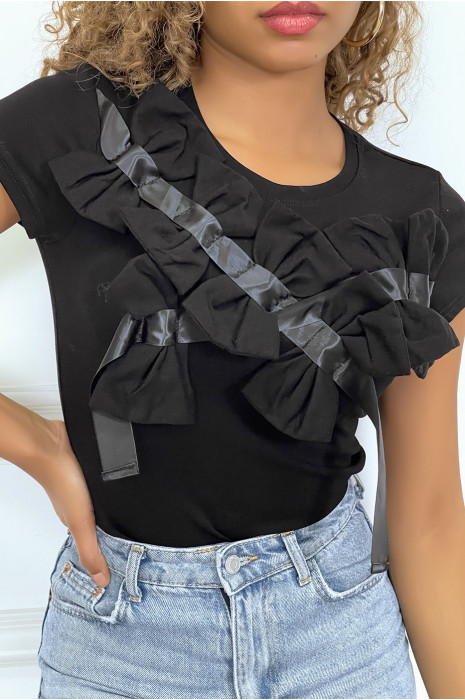 Zwart T-shirt met korte mouwen, met strikjes - 5