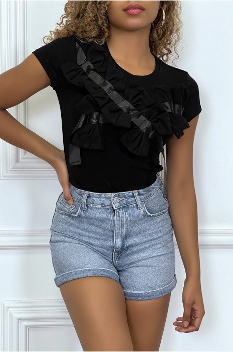 Zwart T-shirt met korte mouwen, met strikjes - 6